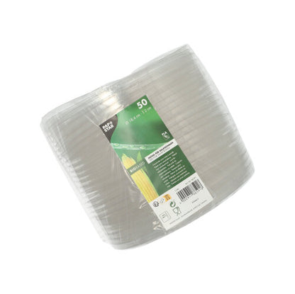 Un pachet cu 50 de capace transparente, rotunde pentru boluri de salată din PLA de la PAPSTAR GmbH (2 cm înălțime), ideal pentru păstrarea prospețimii salatelor și perfect potrivit pentru farfurii din plastic transparent.