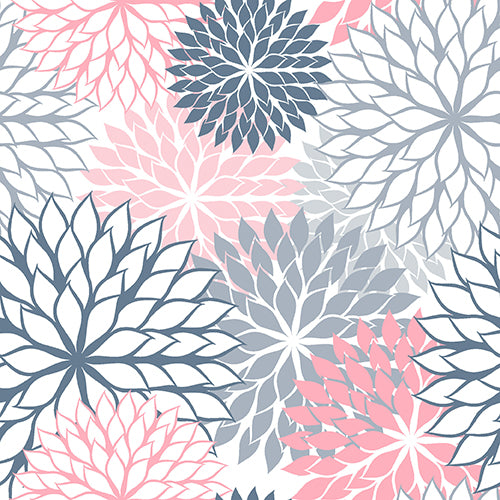 Die 20 Servietten der PAPSTAR GmbH im Format 40 cm x 40 cm im 3-lagigen 1/4-Falz weisen ein nahtloses Muster mit großen, überlappenden rosa, marineblauen und hellgrauen Blumenmotiven auf Weiß mit spitzen Blütenblättern in einem stilvollen, sich wiederholenden Layout auf.