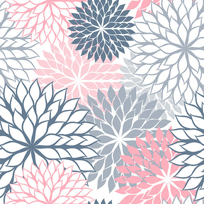 Cele 20 de șervețele de la PAPSTAR GmbH în format 40 cm x 40 cm în pliere 1/4 cu 3 straturi prezintă un model fără cusur cu motive florale mari, suprapuse, roz, bleumarin și gri deschis pe alb cu petale ascuțite într-un aranjament stilat și repetitiv.