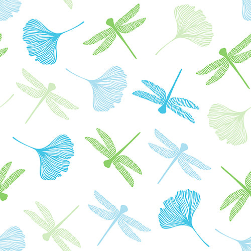 Un model fără cusur de libelule stilizate și frunze de ginkgo în albastru și verde împodobește cele 20 de șervețele PAPSTAR (40x40 cm, 3 straturi, 1/4 pliuri) de la PAPSTAR GmbH. Pe un fundal alb, elementele distribuite uniform apar în direcții diferite.