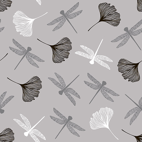 Un model fără cusur de libelule și frunze de ginkgo în negru, alb și gri pe gri deschis - perfect pentru PAPSTAR 20 de șervețele, 40x40 cm, 3 straturi, pliere 1/4 de la PAPSTAR GmbH.