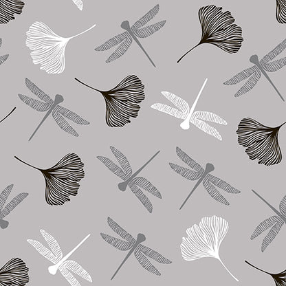 Un model fără cusur de libelule și frunze de ginkgo în negru, alb și gri pe gri deschis - perfect pentru PAPSTAR 20 de șervețele, 40x40 cm, 3 straturi, pliere 1/4 de la PAPSTAR GmbH.