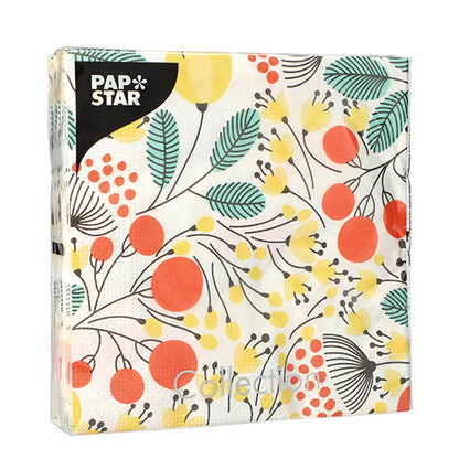 PAPSTAR GmbH 20 de șervețele, 33x33 cm, 3 straturi, 1/4 pliere, Design Set 1: model botanic cu fructe de pădure și frunze cu logo "PAPSTAR" pe eticheta neagră din colțul stânga sus.