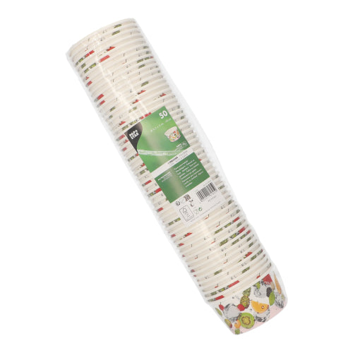 Cei 50 de pahare de înghețată „Carton rotund” de la PAPSTAR GmbH sunt livrați într-un ambalaj din plastic cu etichetă verde și prezintă motive ilustrate de legume - boluri de carton de unică folosință perfecte pentru deserturi sau ca pahare de înghețată la următoarea dumneavoastră întâlnire.