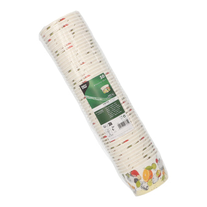 Pachetul sigilat PAPSTAR 50 pahare de înghețată, carton rotund de la PAPSTAR GmbH cu motive de fructe și legume este ideal pentru servirea înghețatei. Eticheta verde a produsului este bine vizibilă pe ambalaj.