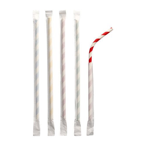 Cinci paie de hârtie PAPSTAR (Ø 6 mm, 20 cm, flexibile, ambalate individual) stau în picioare: patru cu dungi pastelate, unul cu dungi roșu-alb și îndoit la capătul de sus.