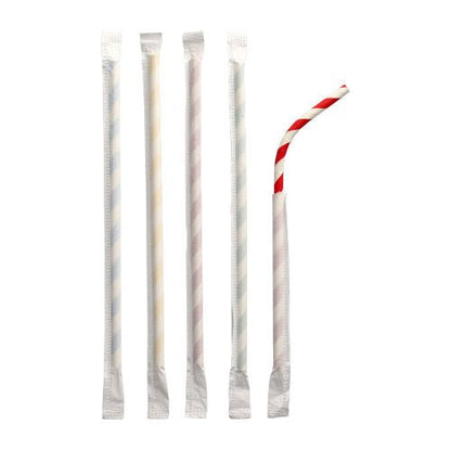 Cinci paie de hârtie PAPSTAR (Ø 6 mm, 20 cm, flexibile, ambalate individual) stau în picioare: patru cu dungi pastelate, unul cu dungi roșu-alb și îndoit la capătul de sus.