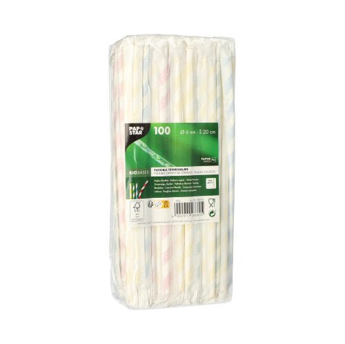 Un ambalaj transparent conține 100 de paie de hârtie PAPSTAR (Ø 6 mm, 20 cm), ambalate individual. Ambalajul arată paiele și conține informații despre produs cu marca PAPSTAR GmbH și codul de bare.