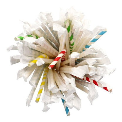 Cele 100 de paie de hârtie flexibile PAPSTAR (Ø 6 mm, 20 cm), ambalate individual, de la PAPSTAR GmbH sunt disponibile în culori diferite, cum ar fi roșu, galben, albastru și verde, și sunt ambalate steril.
