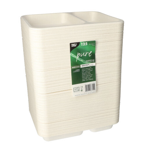 Un teanc de PAPSTAR 125 tăvițe sigilate din trestie de zahăr durabilă cu două compartimente este vizibil vertical. Eticheta verde-albă din față arată marca PAPSTAR GmbH și 125 de tăvițe biodegradabile pe pachet.