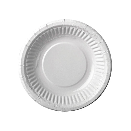Un castron rotund, alb PAPSTAR (19 cm Ø, 3 cm înălțime) de la PAPSTAR GmbH, prezentat de sus pe un fundal alb - ideal pentru petreceri sau picnicuri. Pachetul conține 12 castroane ecologice în folie termocontractabilă.
