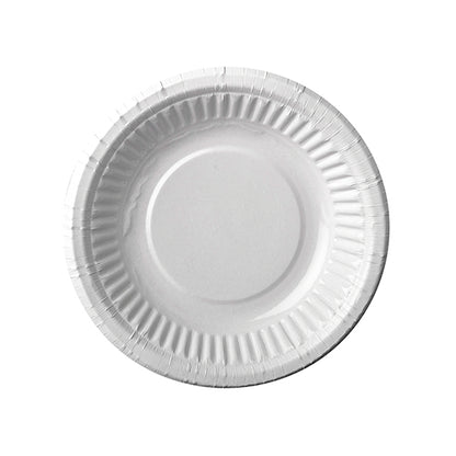 Un castron rotund, alb PAPSTAR (19 cm Ø, 3 cm înălțime) de la PAPSTAR GmbH, prezentat de sus pe un fundal alb - ideal pentru petreceri sau picnicuri. Pachetul conține 12 castroane ecologice în folie termocontractabilă.