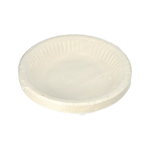 Un pachet de 12 PAPSTAR castroane rotunde (19 cm, 3 cm înălțime, alb) de la PAPSTAR GmbH cu margine ondulată este prezentat ambalat în folie termocontractabilă pe un fundal alb - ideal pentru petreceri și sărbători.
