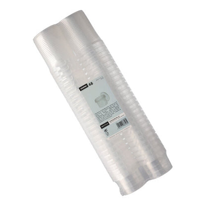 Un pachet cu 48 de recipiente transparente, rotunde Starpak pentru delicatese (120 ml, 6,9 cm × 5,1 cm) cu sigiliu de originalitate, stivuite și înfășurate în folie termocontractabilă, cu o etichetă centrală cu branding Starpak și detalii despre produs.