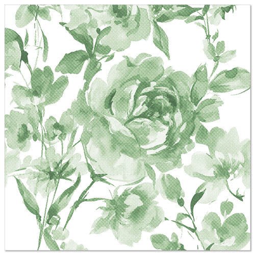 O pânză pătrată prezintă artă florală verde în stil acuarelă cu trandafiri și frunze, inspirată de cele 50 de șervețele "ROYAL Collection" 1/4-pliere 40 x 40 cm verde de la PAPSTAR GmbH, pe un fundal alb.