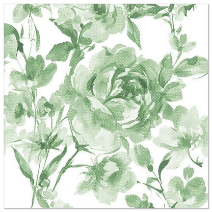 O pânză pătrată prezintă artă florală verde în stil acuarelă cu trandafiri și frunze, inspirată de cele 50 de șervețele "ROYAL Collection" 1/4-pliere 40 x 40 cm verde de la PAPSTAR GmbH, pe un fundal alb.