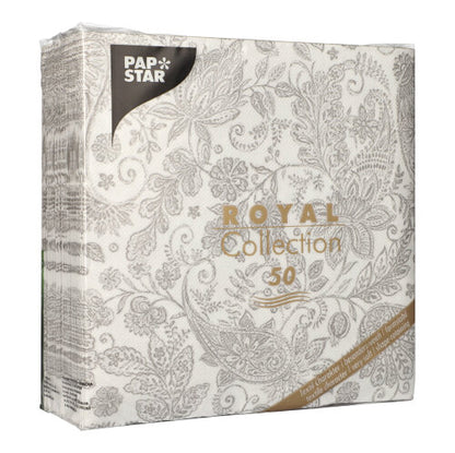 Ein 50er-Pack PAPSTAR Servietten "ROYAL Collection" 40x40 cm, 1/4-Falz in Grau mit elegantem Blumen- und Paisleymuster, aus hochwertigem Material, originalverpackt von PAPSTAR GmbH.