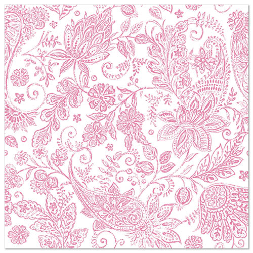 Colecția ROYAL 50 de șervețele (40 x 40 cm, fuchsia) de la PAPSTAR GmbH prezintă un model floral roz și paisley cu accente fuchsia pe un fundal alb - o alegere elegantă și detaliată pentru orice masă aranjată.