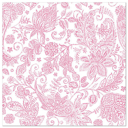 Colecția ROYAL 50 de șervețele (40 x 40 cm, fuchsia) de la PAPSTAR GmbH prezintă un model floral roz și paisley cu accente fuchsia pe un fundal alb - o alegere elegantă și detaliată pentru orice masă aranjată.