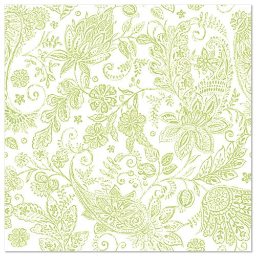 Șervețelele PAPSTAR GmbH 50 "ROYAL Collection" (1/4 pliere, 40 x 40 cm, verde) prezintă un model floral și paisley detaliat verde deschis pe alb - ideal pentru ocazii festive, deoarece flori, frunze și volute împodobesc întregul șervețel.