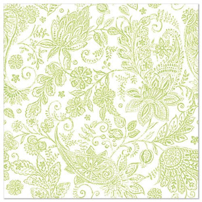 Șervețelele PAPSTAR GmbH 50 "ROYAL Collection" (1/4 pliere, 40 x 40 cm, verde) prezintă un model floral și paisley detaliat verde deschis pe alb - ideal pentru ocazii festive, deoarece flori, frunze și volute împodobesc întregul șervețel.