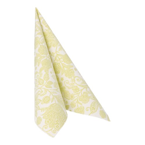 Un șervețel verde pliat din PAPSTAR 50 șervețele "ROYAL Collection" (1/4-pliere, 40 x 40 cm) de la PAPSTAR GmbH stă vertical pe un fundal alb - ideal pentru ocazii festive.