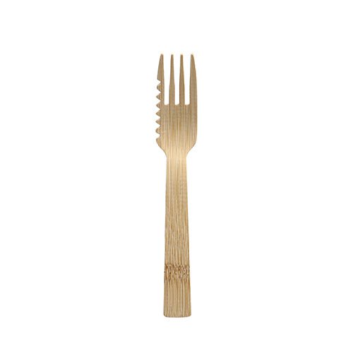 Furculițele de bambus pentru prăjituri și gustări (14,5 cm, zimțate, 50 bucăți) de la PAPSTAR GmbH au trei dinți și o margine zimțată - un tacâm de unică folosință ecologic, ilustrat pe un fundal alb simplu.