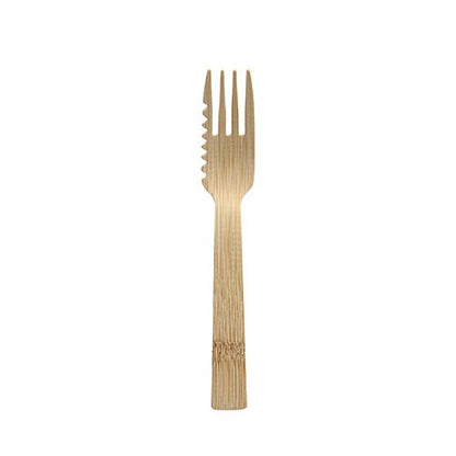 Furculițele de bambus pentru prăjituri și gustări (14,5 cm, zimțate, 50 bucăți) de la PAPSTAR GmbH au trei dinți și o margine zimțată - un tacâm de unică folosință ecologic, ilustrat pe un fundal alb simplu.