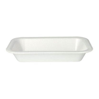 Tăvile Starpak 100 Siegelschalen sunt tăvi simple, dreptunghiulare, laminate XPS albe, cu margini ușor ridicate de la Starpak – ideale pentru utilizarea în gastronomie și prezentate în fotografie pe un fundal alb.
