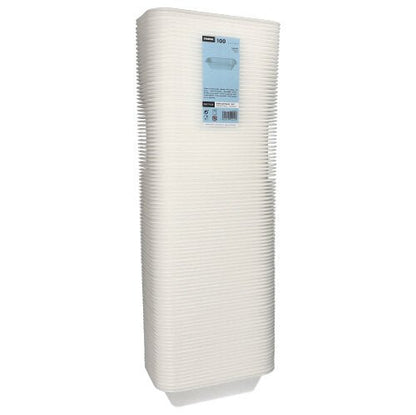 Este prezentat un teanc înalt de tăvi Starpak 100 Siegelschalen, XPS alb laminate, în folie de plastic cu etichetă frontală albastră cu informații despre produs – ideal pentru utilizarea în gastronomie.