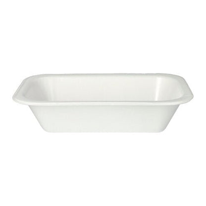 Tăvile Starpak 100 Siegelschalen, XPS alb laminate de la Starpak sunt tăvi simple, dreptunghiulare, din plastic alb, cu colțuri rotunjite și laturi înclinate, ideale pentru domeniul gastronomic, fabricate din polistiren expandat. Prezentate pe un fundal alb.