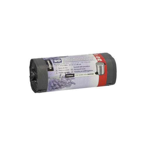 Un rolă Starpak de 20 de saci de gunoi din LDPE, gri cu parfum de lavandă (30 l, 60x50 cm), conține 20 de pungi parfumate pe pachet. Eticheta arată detaliile produsului și o imagine cu lavandă.