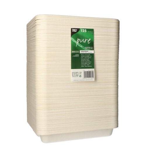 Se vede un teanc de 125 de boluri sigilate PAPSTAR cu trei compartimente din trestie de zahăr, marca PAPSTAR GmbH, ordonat stivuite cu o etichetă verde pe un fundal alb. Bolurile sunt bej și biodegradabile.