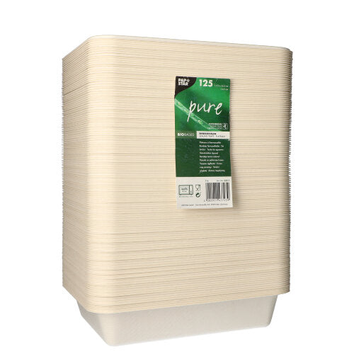 Un set cu 125 de PAPSTAR tăvițe sigilate din trestie de zahăr de la PAPSTAR GmbH. Biodegradabil și ambalat ecologic, ideal pentru decizii sustenabile. Cu eticheta „pure” verde-alb pentru utilizatori conștienți de mediu.