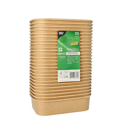 Un teanc de 25 de cupe de ambalaj dreptunghiulare, maro, din carton, de la PAPSTAR GmbH cu o etichetă verde cu detalii despre produs pe partea din față. Aceste recipiente ecologice sunt fabricate din carton biodegradabil.