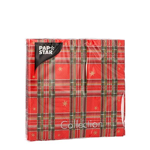 Un pachet PAPSTAR cu 20 de șervețele (25x25 cm, 3 straturi, 1/4 pliate) de la PAPSTAR GmbH conține șervețele roșii cu un model de pătrățele și stele verde-galben-alb și logo-urile „Pap Star” și „Colecție”.