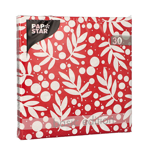 Un pachet cu 30 de PAPSTAR șervețele cu 3 straturi (33x33 cm, 1/4 pliere) ale PAPSTAR GmbH, cu un fundal roșu cu frunze albe și puncte și inscripția „Basic Edition” în colțul din dreapta jos.