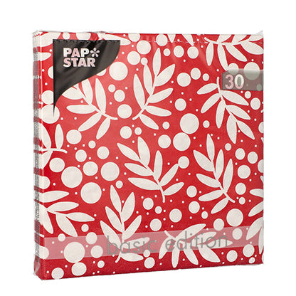 Un pachet cu 30 de PAPSTAR șervețele cu 3 straturi (33x33 cm, 1/4 pliere) ale PAPSTAR GmbH, cu un fundal roșu cu frunze albe și puncte și inscripția „Basic Edition” în colțul din dreapta jos.