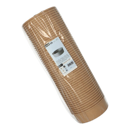 Un pachet de 50 de boluri de salată rotunde Starpak din carton maro cu acoperire PE, sigilate în plastic, stivuite, cu etichetă albă de produs și cod de bare în față - utilizare versatilă.