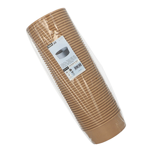 Un pachet de 50 de boluri de salată Starpak, boluri rotunde din hârtie maro cu acoperire PE, în folie de plastic transparentă cu etichetă informativă albă - perfect pentru un ambalaj ecologic. Marcă: Starpak.