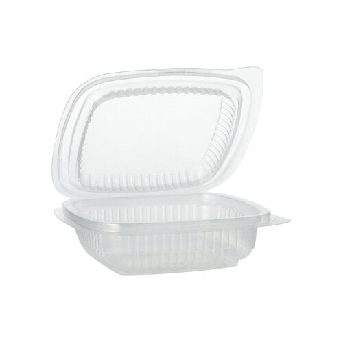 Un pahar de ambalare Starpak 100 cu capace rabatabile, dreptunghiular și transparent din PP, este văzut pe jumătate deschis pe un fundal alb.