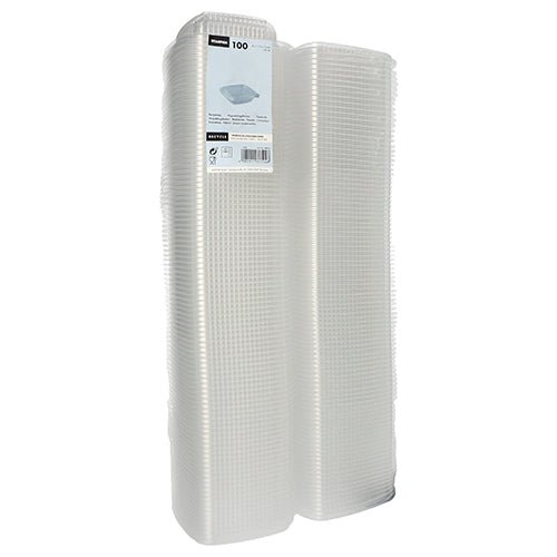 Un pachet de 100 de pahare de ambalare Starpak transparente, dreptunghiulare, cu capace rabatabile (PP), legate împreună în plastic cu o etichetă de produs pe partea din față.