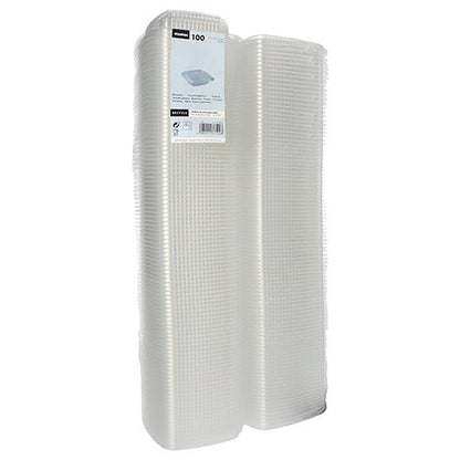Un pachet de 100 de pahare de ambalare Starpak transparente, dreptunghiulare, cu capace rabatabile (PP), legate împreună în plastic cu o etichetă de produs pe partea din față.