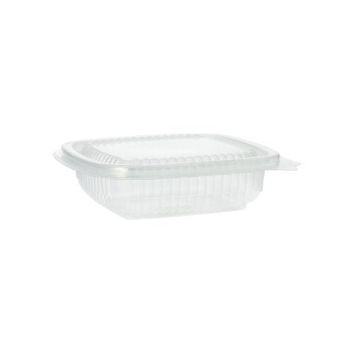 Paharul de ambalare Starpak 100 cu capace rabatabile, PP dreptunghiular, transparent, este ilustrat din lateral pe un fundal alb. Acest recipient dreptunghiular gol Starpak are laturi canelate și un capac rabatabil sigur.