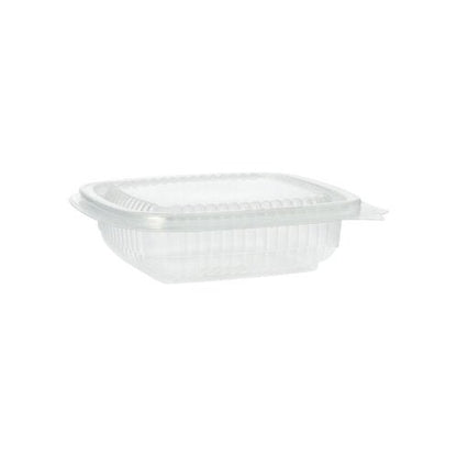 Paharul de ambalare Starpak 100 cu capace rabatabile, PP dreptunghiular, transparent, este ilustrat din lateral pe un fundal alb. Acest recipient dreptunghiular gol Starpak are laturi canelate și un capac rabatabil sigur.