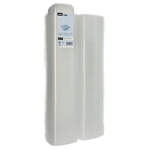 Un pachet de 100 de pahare de ambalare Starpak transparente, dreptunghiulare, din PP cu capac rabatabil stă vertical. O etichetă Starpak de pe partea superioară arată detalii despre aceste pahare versatile și cantitatea lor.