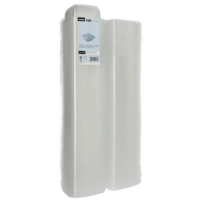 Un pachet de 100 de pahare de ambalare Starpak transparente, dreptunghiulare, din PP cu capac rabatabil stă vertical. O etichetă Starpak de pe partea superioară arată detalii despre aceste pahare versatile și cantitatea lor.