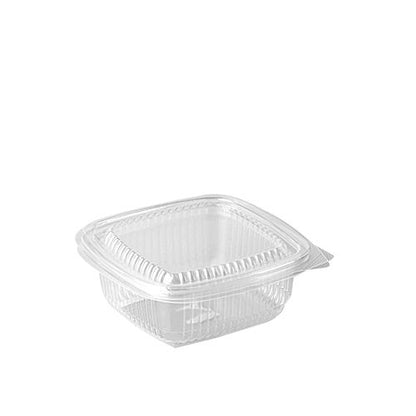 Paharul de ambalare Starpak 100 cu capace rabatabile este un recipient transparent, dreptunghiular, pentru luat la pachet din polipropilenă, ilustrat închis pe un fundal simplu alb.