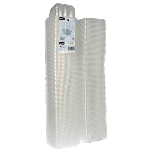 Două stive de pahare de ambalare Starpak 100 cu capace rabatabile, PP dreptunghiular, transparent sunt ilustrate una lângă alta. Fiecare are o structură asemănătoare unei grile, iar pe una dintre stive este atașată o etichetă de produs deasupra. Marca: Starpak.