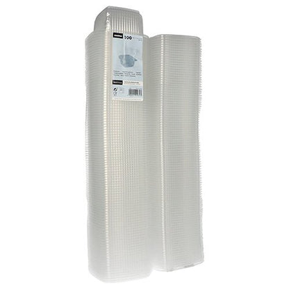 Două stive de pahare de ambalare Starpak 100 cu capace rabatabile, PP dreptunghiular, transparent sunt ilustrate una lângă alta. Fiecare are o structură asemănătoare unei grile, iar pe una dintre stive este atașată o etichetă de produs deasupra. Marca: Starpak.
